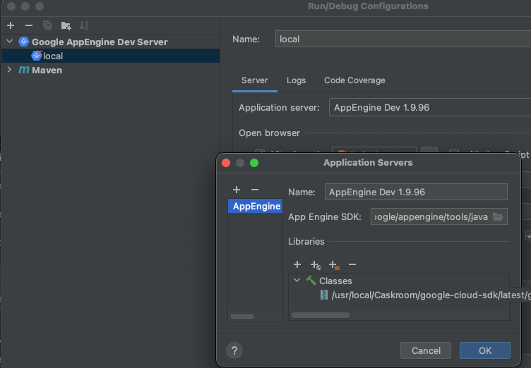 Run/Debug Configurations met de Google AppEngine Dev Server 1.9.96 als application server