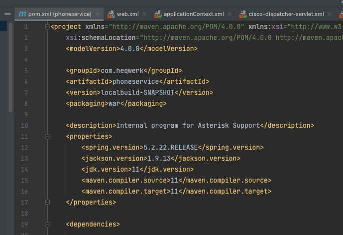 pom.xml van de phoneservice in de IDE, met Spring 5.2.22, Jackson 1.9.13 en JDK 11 als properties