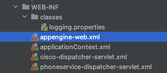 Projectboom van WEB-INF met appengine-web.xml, applicationContext.xml en de dispatcher-servlet-configuraties