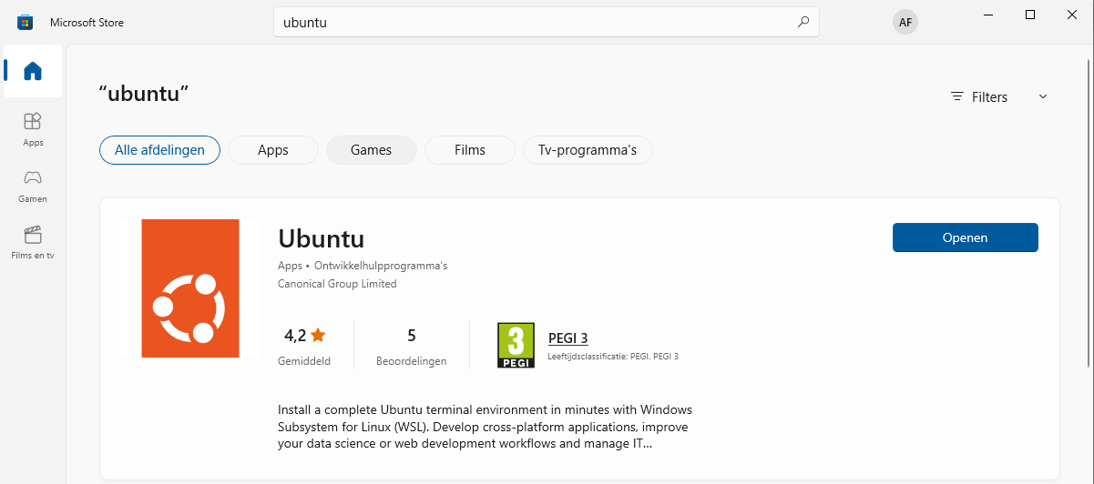 Ubuntu in de Microsoft Store, met beoordeling en knop Openen