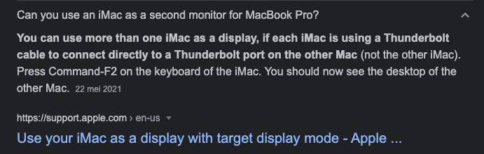 Google-antwoord uit de Apple-support: een iMac werkt als extern scherm via Thunderbolt en Command-F2
