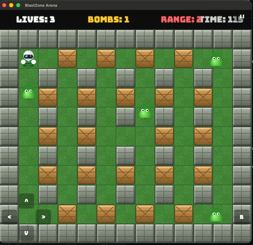 BlastZone Arena in beeld: speelveld met muren, kratten en groene vijanden, met levens, bommen en tijd in de statusbalk