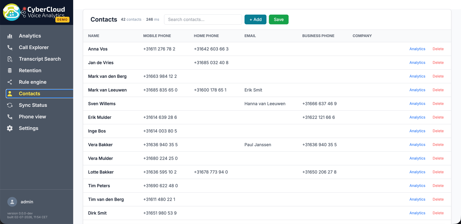 Contactenoverzicht in CyberCloud met naam, mobiel, vast en zakelijk nummer per contact